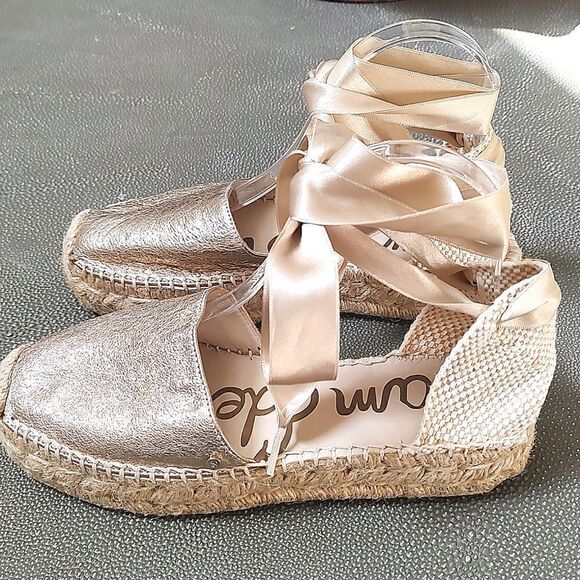 Sam Edelman ilia Gold Satin Ribbon Ankle Tie Closed Toe Espadrille Sandals - Picture 3 of 11